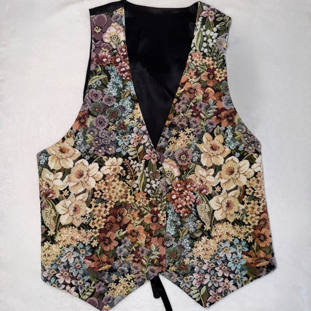 Jennie Vaughn Designs Vintage Tapestry Floral Vest Waistcoat Black Back Large